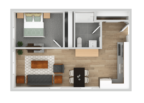 a floor plan of a studio apartment with a bedroom and a living room